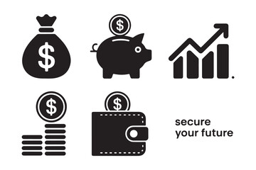 Vector set of business and money icons with bank and finance illustrations