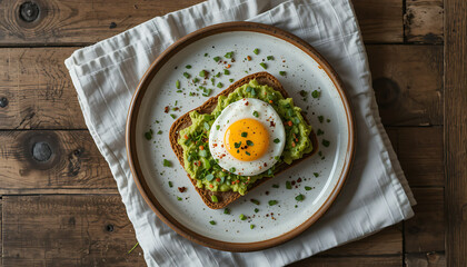 Overhead Shot of Toast with Saut&eacute;ed Greens and Sunny Side Up Egg on Rustic Plate &ndash; Healthy Breakfast Concept