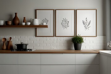 Modern kitchen interior with minimalist line art prints