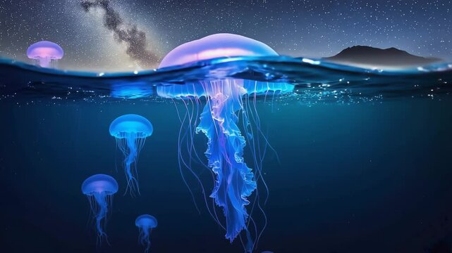Photorealistic split level shot of bioluminescent jellyfish glowing in deep blue ocean water under a starry night sky, Vivid underwater scene with jellyfish illuminated by natural light, showing marin