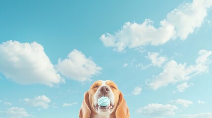 Beagle dog with blue ball, and sky.