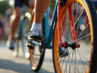 Fototapeta premium Vibrant Bicycle Wheels in Motion A Close-Up of a Community Cycling Parade