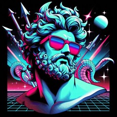 Poseidon's Futuristic Vibes, An Anime-Inspired Vaporwave Illustration