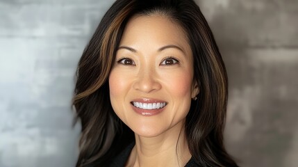 Naklejka premium Smiling woman with long brown hair in a professional headshot.