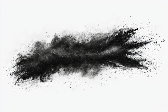 Abstract black powder explosion against a white background.