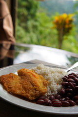 Rice and beans accompanied by a breaded tilapia fillet. Healthy Costa Rican lunch.