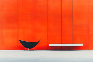 Black chair with bench, and orange wall.