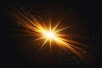 Golden light rays burst with sparkles on black background