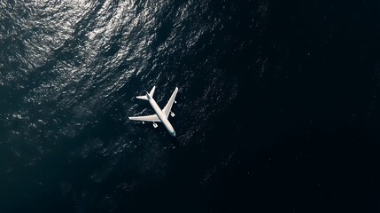 Aerial view of a white airplane flying over the dark blue ocean on a sunny day scenery shot