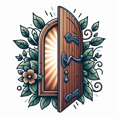 Whimsical Cartoon Wooden Door with Blooming Foliage Tattoo Design