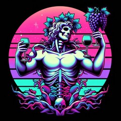 Vaporwave Dionysus, Surreal 80s Anime Illustration of the Greek God