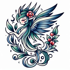 Vintage Inspired Winged Nymph Illustration with Floral Adornments and Nature Elements