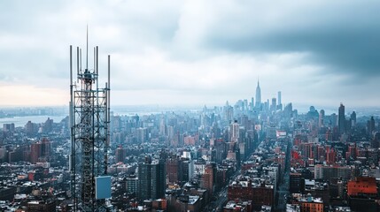 Naklejka premium Aerial view of urban cityscape featuring tower and skyline