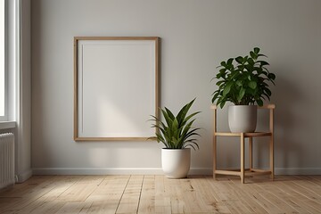 Modern minimalist room interior with plants and mockup frame