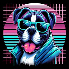 Anime Boxer Dog Illustration in Vaporwave Style with 80s Elements