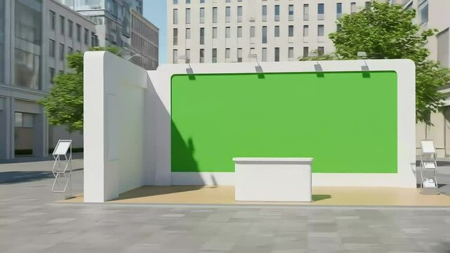 Blank green screen booth display in urban setting