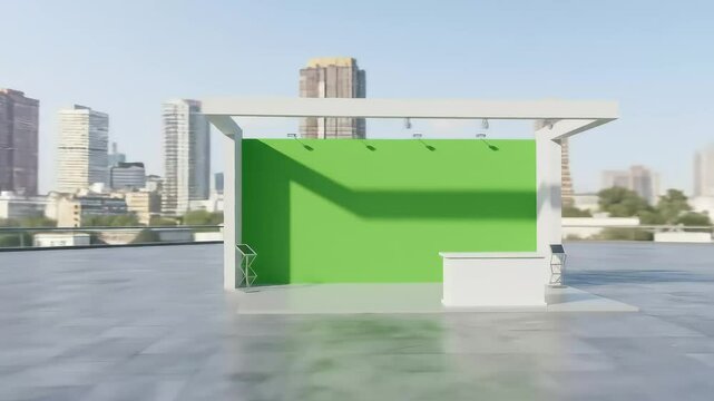 Exhibition booth with green wall architecture and urban background