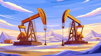 Fototapeta premium Oil pump jacks in a desert landscape.