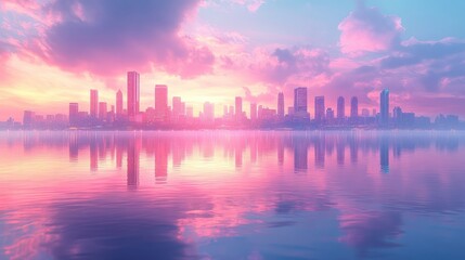 Fototapeta premium Pink Sunset Cityscape Reflection in Calm Waters