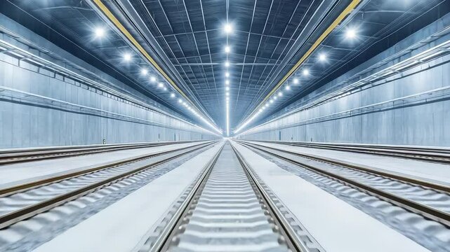 Abstract Perspective of Illuminated Railroad Tunnel Interior with Parallel Tracks