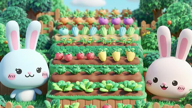 Charming 3D Render of Vegetable Garden Flanked by Cartoon Bunnies a Cute Blue Bunny and Pink Bunny in a Lush Setting with Strawberries Carrots Lettuce and Wooden Fence