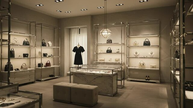 Elegant retail space showcasing fashion accessories and clothing apparel in a minimalist design