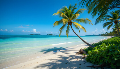 Obraz premium A lone palm tree leans toward the crystal-clear turquoise waters of varadero, cuba, under a bright blue sky