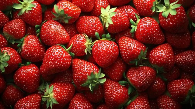 Vibrant close-up of a dense array of ripe, red strawberries with fresh green calyxes