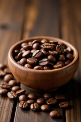 Fototapeta premium Wooden bowl brimming with aromatic coffee beans , food, wooden