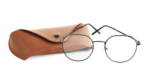 Case with stylish glasses isolated on white