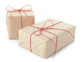Two gift boxes wrapped in kraft paper isolated on white