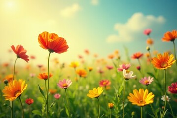 Fototapeta premium Vibrant wildflowers, sunny meadow, isolated background, blooming flowers, graphic, bright