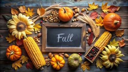 Fall-themed chalkboard frame surrounded by sunflowers, gourds, corn, and nuts.