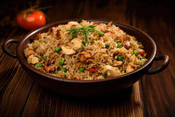 Chicken fried rice Cooked and presented in a wok Wood backdrop Aerial view