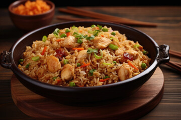 Chicken fried rice cooked and presented in a wooden setting viewed from the front