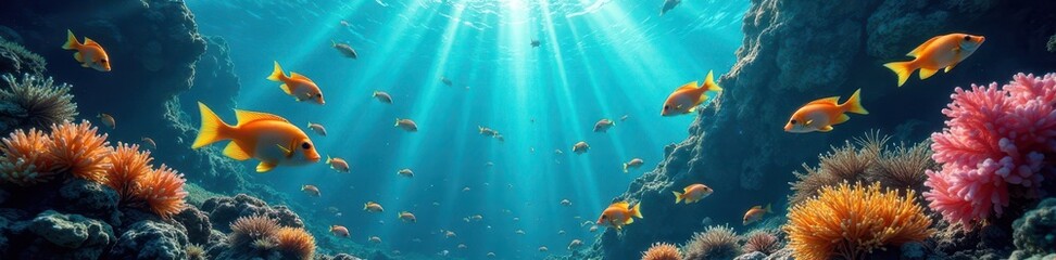 Fototapeta premium Swirling school of vibrant fish, underwater scene, exotic, nature, bioluminescence