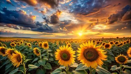 Fototapeta premium Sunflower field under a vibrant sunset with a dramatic sky.