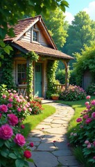 Fototapeta premium Cozy cottage, blooming garden, shaded terrace , tranquil, house