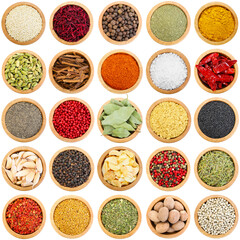Different aromatic spices in bowls isolated on white, set. Top view