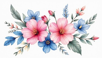 Obraz premium Charming vintage watercolor floral arrangement Pink & blue blooms with soft feathers , artistic, artwork