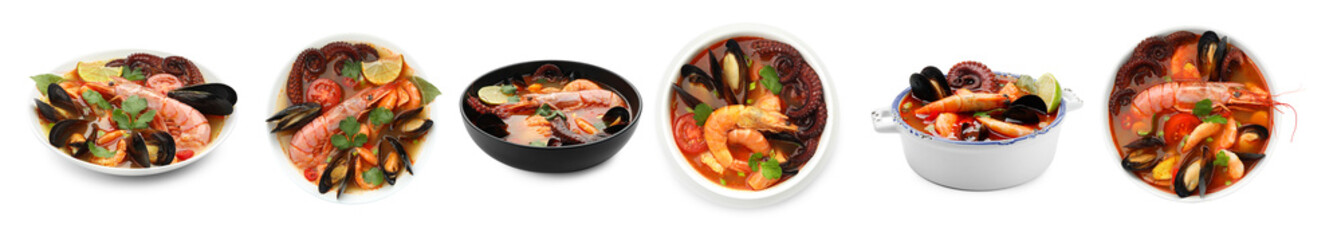 Delicious seafood soup in bowls isolated on white, collage. Top and side view