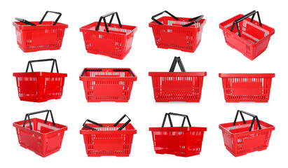 Red shopping basket on white background, collage. View from different sides