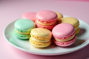 Obraz premium Pastel colored macarons and cupcakes arranged on a plate, food, vibrant