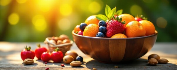 Naklejka premium Sun-drenched bowl overflowing with vibrant fruits & nuts , dates, healthy