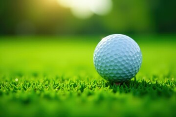 Fototapeta premium Close-up of golf ball on lush green, textured grass , equipment, macro, healthy