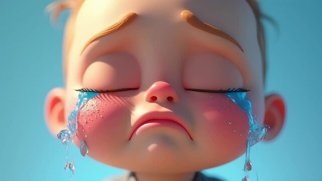 Cartoon child crying teardrops animated face