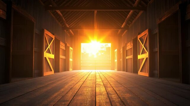 Golden hour illuminating rustic wooden barn interior with weathered doors open at sunset