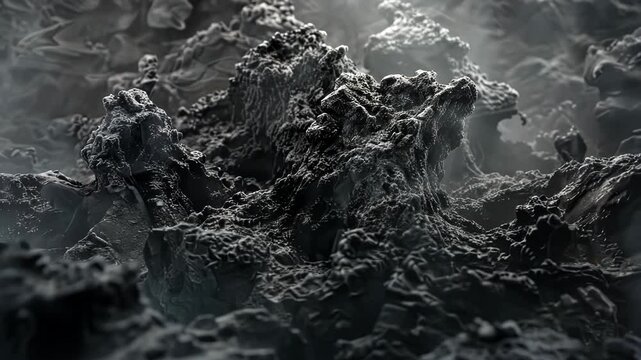 Dark, textured, volcanic landscape of ash and smoke