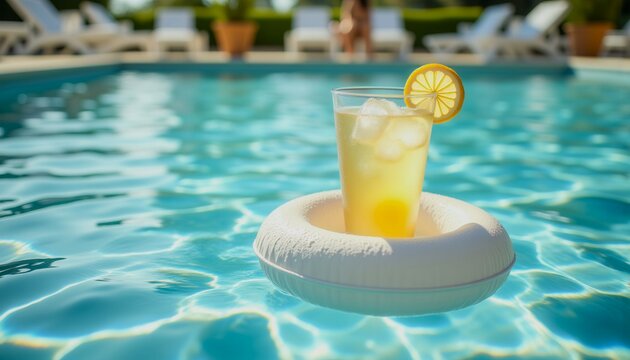 A glass of lemonade is floating on a pool float. The drink is cold and refreshing, perfect for a hot day at the pool. The scene is relaxed and leisurely, with a person sitting on a lounge chair nearby