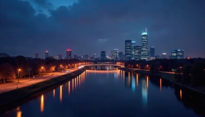Warsaw skyline, modern buildings glowing at night, building exterior, steel, dark